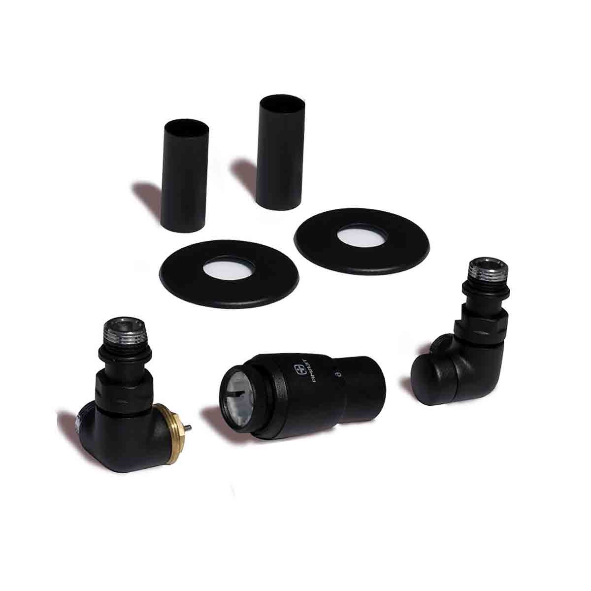 Terma Vision 3-axis corner TRVs set in Heban Black, featuring left-sided valves, pipe masking, and a sleek black finish, made from durable materials.