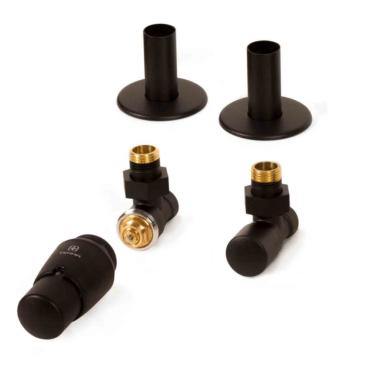 Terma Royal Angled Thermostatic TRV Set in Heban Black, featuring two angled valves, pipe masking set, and brass connectors, designed for left or right side installation.