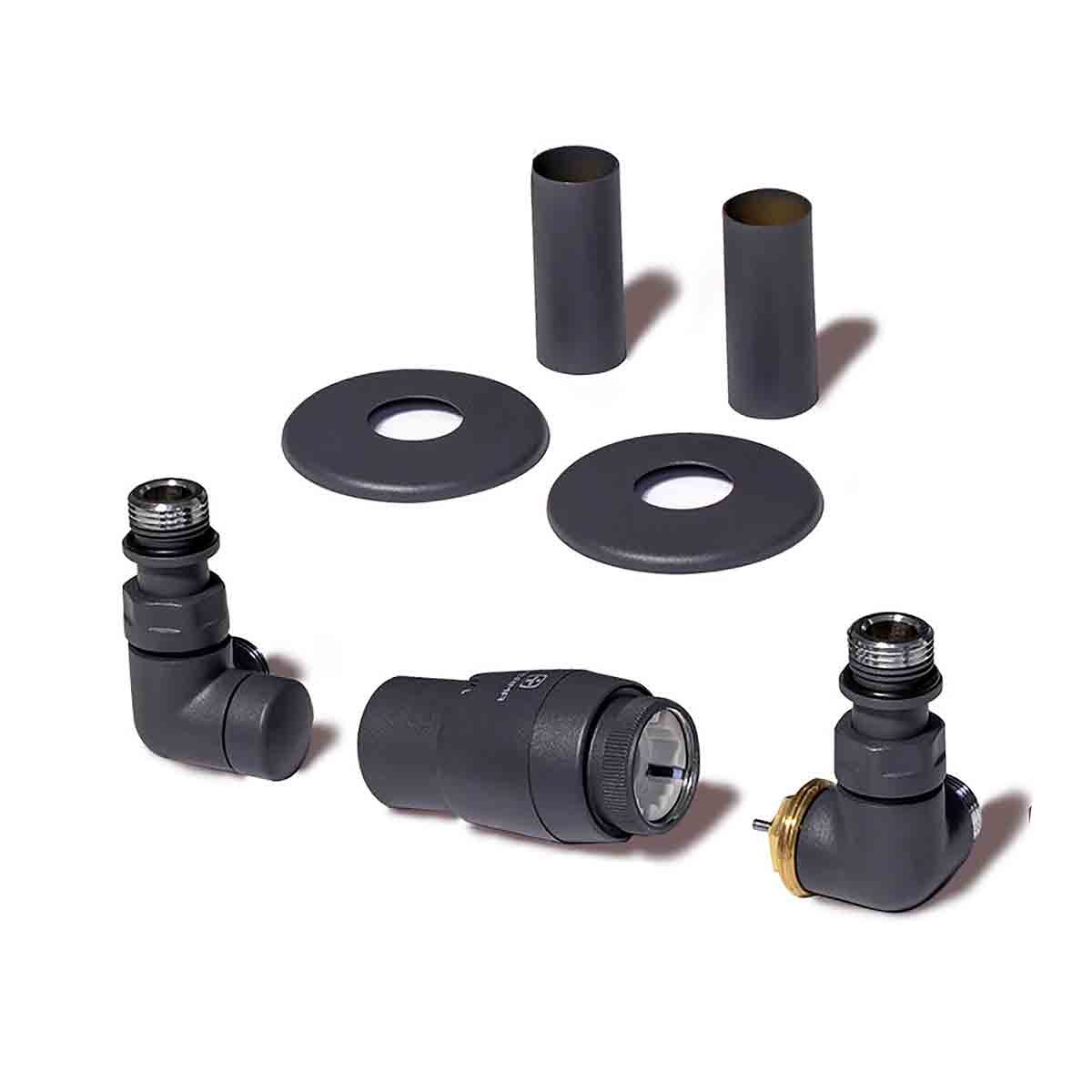 Modern grey Terma accessory valves set, featuring right-sided 3-axis corner TRVs with pipe masking, includes two grey pipe covers and two circular grey plates.
