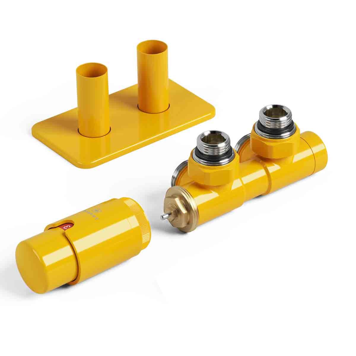 Terma Accessory Valves set in mustard yellow, featuring two angled integrated TRVs with a pipe masking plate, crafted from durable material.