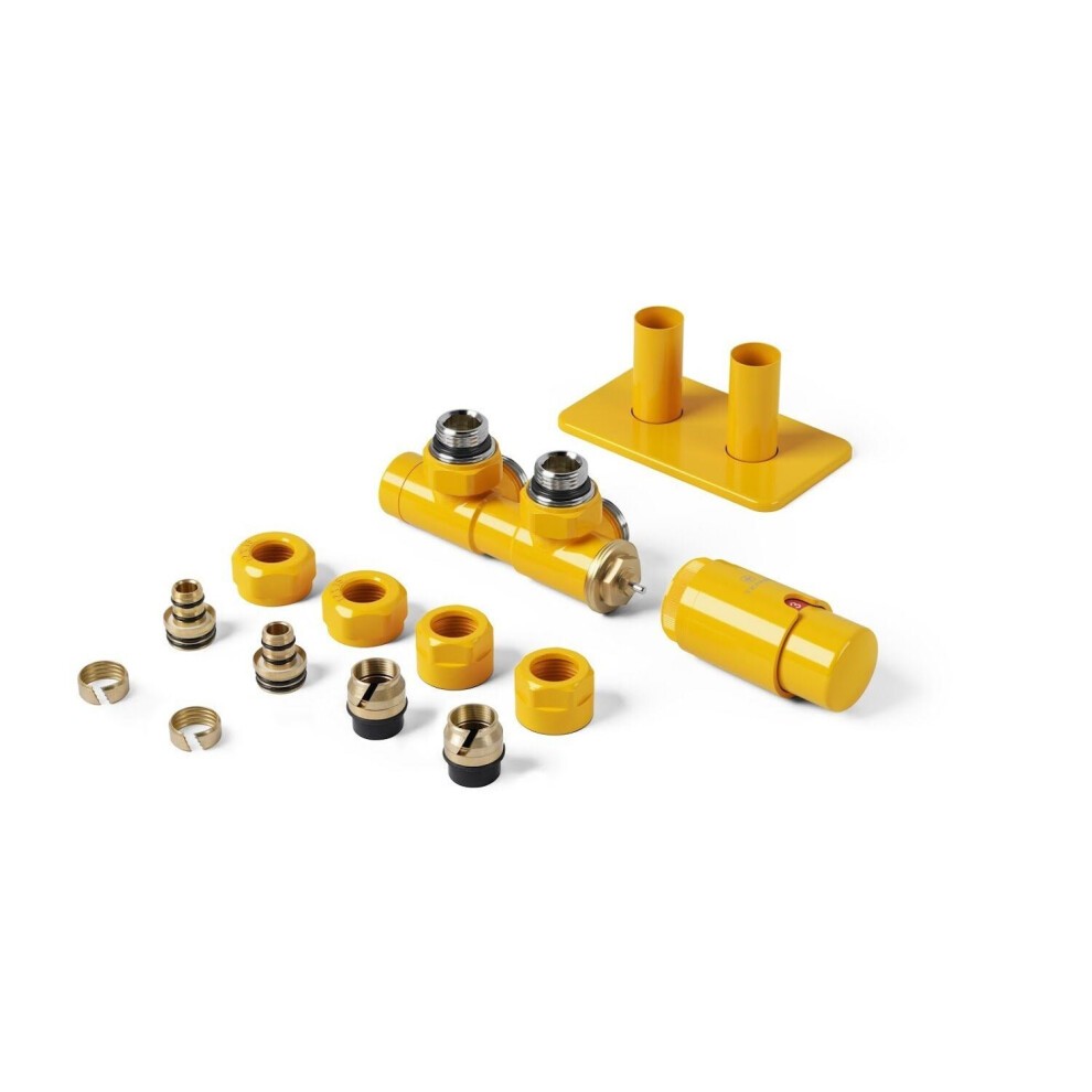 Mustard yellow Terma Vario Twins integrated radiator valves pipe masking set, featuring two valves, a base plate, and various connectors, all made of durable material.