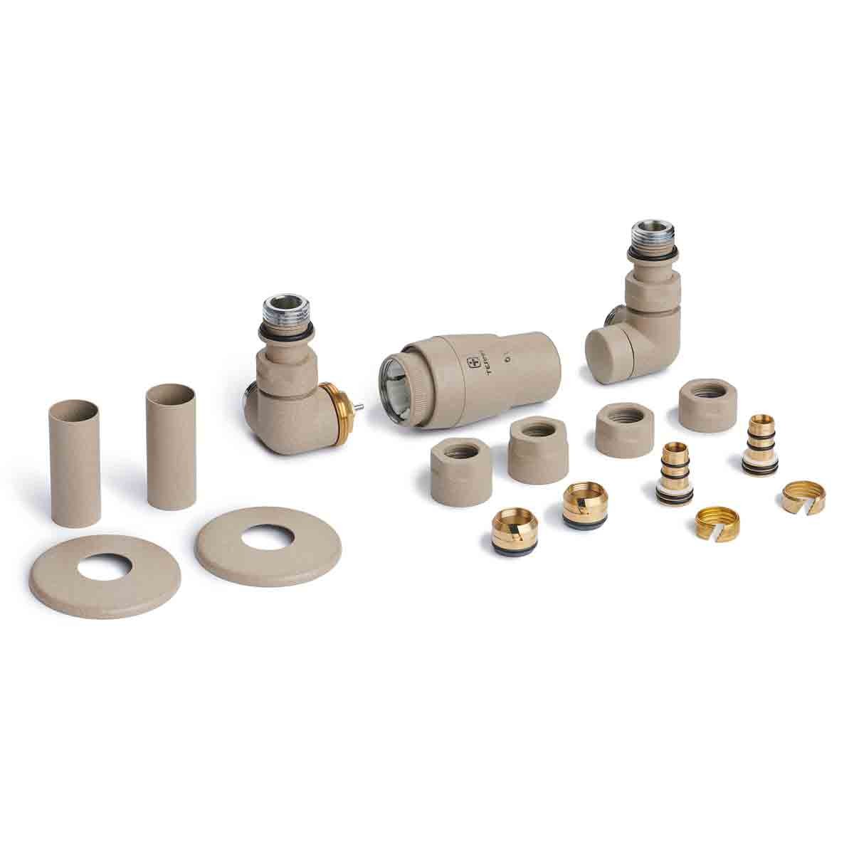 Terma Accessory Valves set in Quartz Mocha, featuring three 3-axis corner TRVs with brass fittings, pipe masking components, and various connectors for installation.