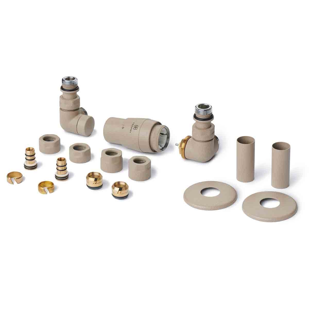 Terma Vision 3-axis corner TRVs set in Quartz Mocha, featuring right-sided valves, pipe masking, and brass fittings for a sleek, modern look.