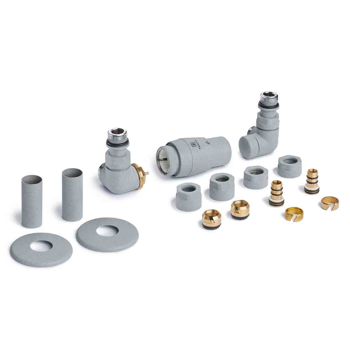 Terma Vision 3-axis corner TRVs set in salt and pepper color, featuring left-sided valves, pipe masking, and various fittings in gray and gold tones.
