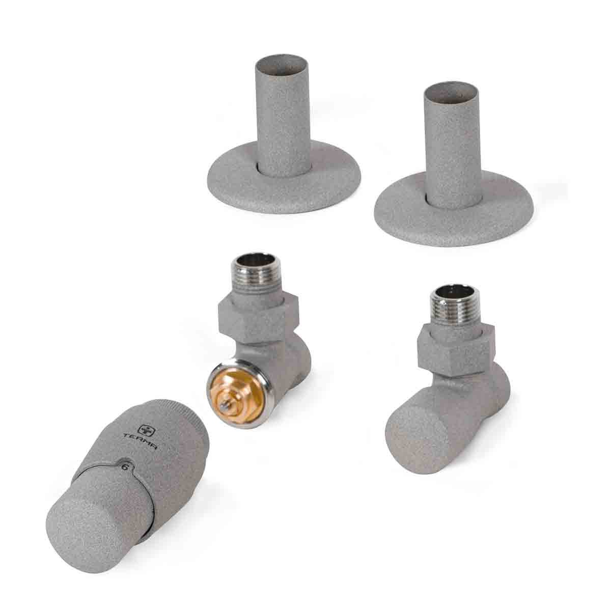 Gray thermostatic radiator valve set with angled design, featuring a textured finish, includes two pipe masking covers and a valve body with a gold-colored adjustment knob.