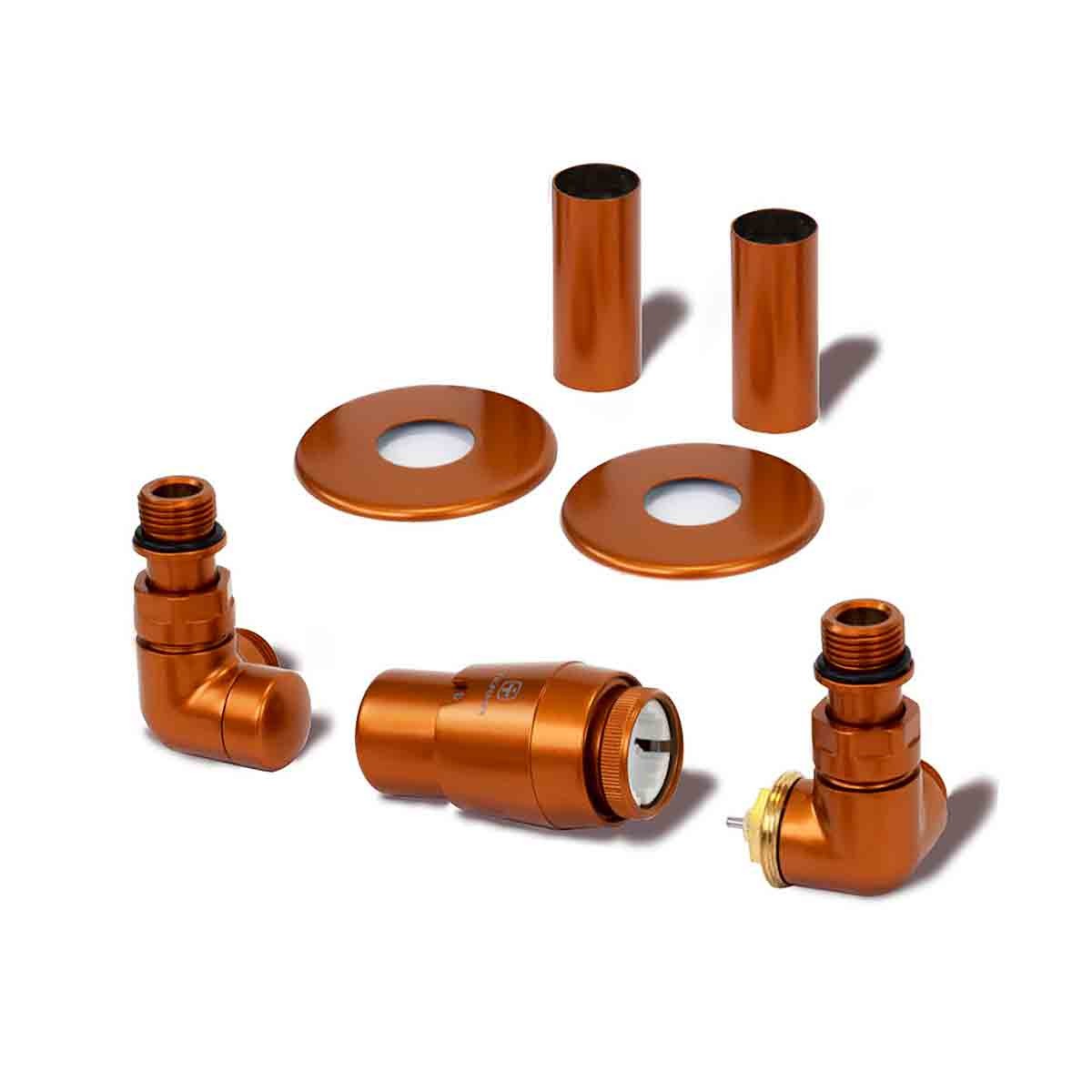Terma Vision 3-axis corner TRVs set in true copper with a brown finish, featuring pipe masking and right-sided orientation, includes two pipes and two circular covers.