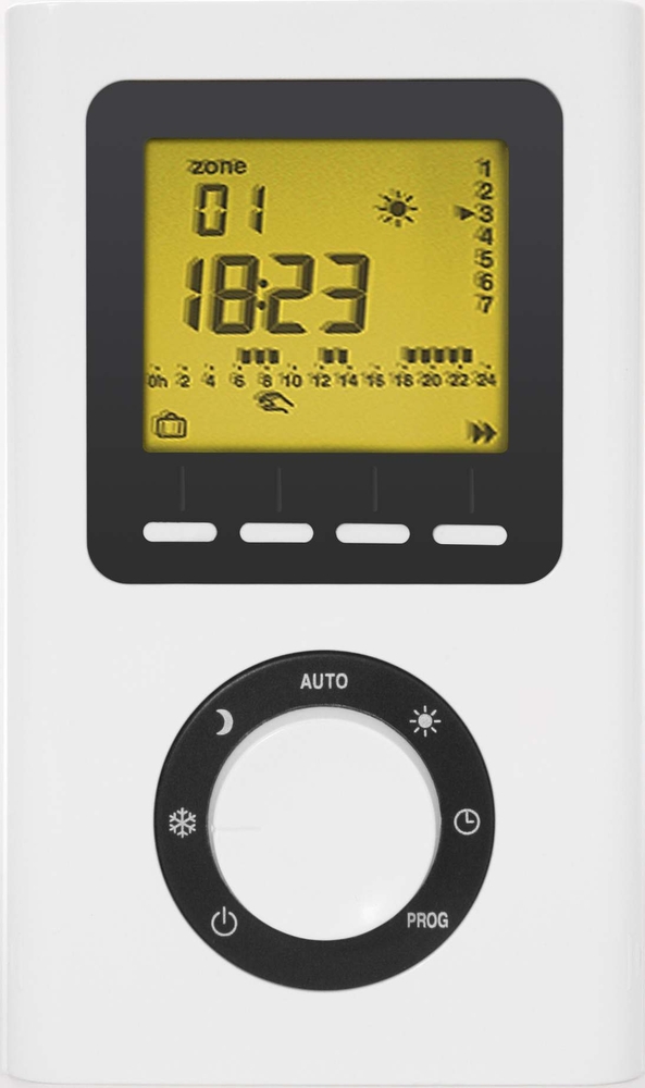 White remote control with a black display screen showing time and settings, featuring a circular dial for temperature adjustment and buttons for programming.