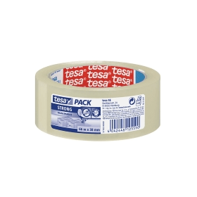 Clear polypropylene tape roll with a beige color, featuring a blue and red label that reads "tesa STRONG 66 M" and includes product details and usage instructions.