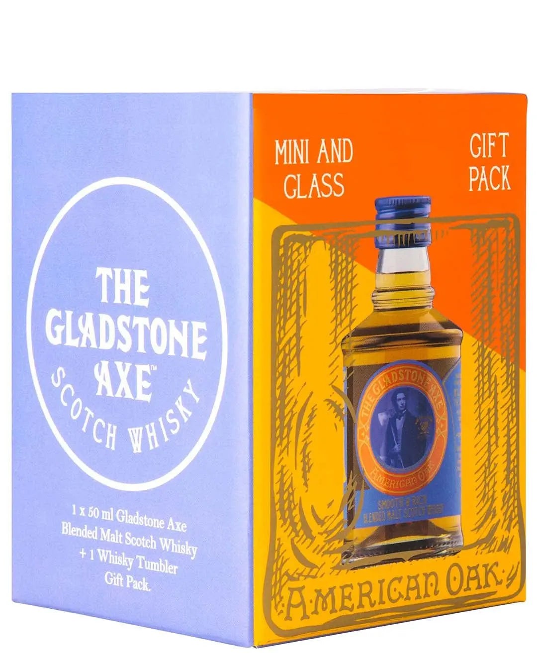 Gladestone Axe American Oak gift pack featuring a 50 ml bottle of blended malt Scotch whisky and a rocks glass, presented in a colorful blue and orange box.