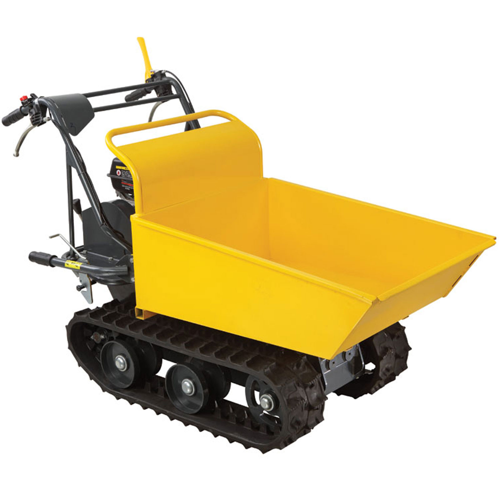 Yellow and black petrol mini transporter with a sturdy metal frame, tracks for mobility, and a large, open cargo bed designed for transporting heavy loads.
