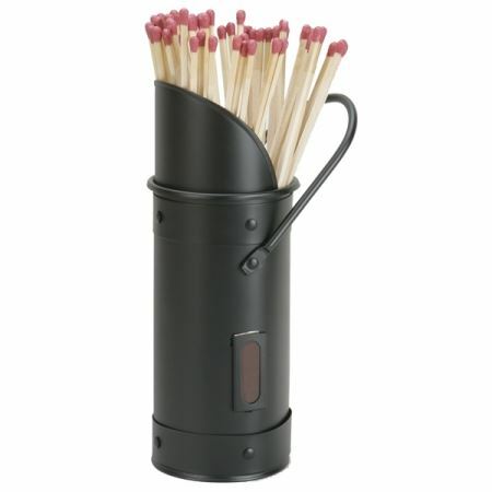 Black metal match holder with a curved top, featuring a handle and a transparent side panel, filled with long wooden matches topped in red.