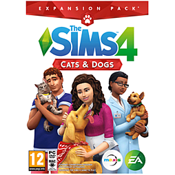 The Sims 4 Cats & Dogs expansion pack box features a vibrant orange background, showcasing characters with cats and dogs, and includes the EA logo and age rating of 12+.
