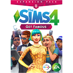 The Sims 4 Get Famous expansion pack features a colorful box with a vibrant cover showcasing a stylish character in a gold dress surrounded by fans and photographers.