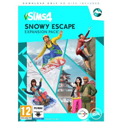 The Sims 4 Snowy Escape expansion pack features vibrant turquoise packaging with characters skiing, snowboarding, and exploring a snowy landscape, alongside a traditional Japanese building.