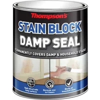 Thompsons Damp Seal White 750Ml can with black label, red logo, and blue accents, designed for covering damp stains.