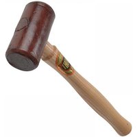 Brown hide mallet with wooden handle, cylindrical head, and Thor logo on the handle.