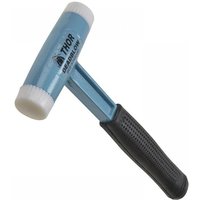 Blue Thor dead blow nylon hammer with white caps and black rubber grip handle.