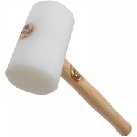 White plastic mallet with a smooth cylindrical head and a light wooden handle.