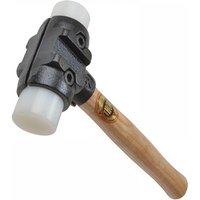 Thor split head hammer with black cast iron head, white plastic faces, and wooden handle.