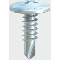 Silver TIMCO self-drilling screw with flat wafer head, sharp tip, and zinc finish for metal construction.