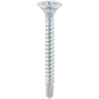Zinc-coated self-drilling drywall screw with bugle head, sharp tip, and threaded shank, size 3.5 x 32 mm.