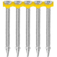 Silver TIMCO screws with yellow collated strip, countersunk heads, wing-tip, self-drilling, 4.8 x 44 mm.