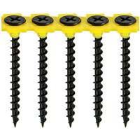 Black collated drywall screws with coarse thread, yellow strip, and bugle head, size 3.5 x 45 by TIMCO.