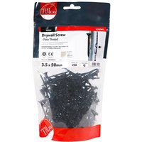 Black TIMCO drywall screws, fine thread, bugle head, 3.5x50mm, in a clear TIMbag pack of 250.