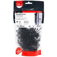 Black TIMCO drywall screws, fine thread, bugle head, 3.5 x 60mm, in a clear TIMbag with red and white label.