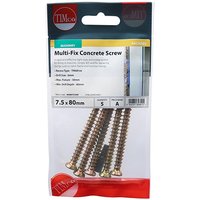 TIMCO yellow flat countersunk concrete screws, 7.5x80mm, in a clear plastic TIMpac with red and blue branding.