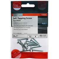 Timco self-tapping screws with pan head, zinc finish, size 8x1, in a clear plastic pack with red and black label.