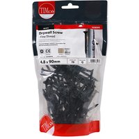 Black TIMCO drywall screws, fine thread, bugle head, 4.8x90mm, in a clear TIMbag with red and white label.