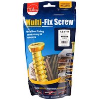 TIMCO yellow concrete screws, flat countersunk head, 7.5x100mm, in blue TIMbag packaging with product details.