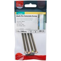 Yellow Timco concrete screws, flat countersunk, 7.5x100mm, in a clear TIMpac package with blue label.