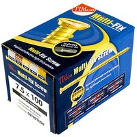 Box of TIMCO yellow concrete screws, 7.5 x 110mm, flat countersunk head, Torx drive, 100 count.