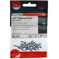 "Pack of 20 TIMCO zinc self-tapping screws, pan head, size 6 x 1/2 inch, in clear plastic packaging with red label"