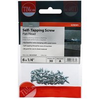 TIMCO 00614CPAZP self-tapping screws, zinc-plated, pan head, size 6 x 1/4 inch, pack of 30 in clear plastic bag.