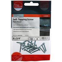 "Pack of silver TIMCO self-tapping screws with pan head, size 6 x 3/4 inch, in clear plastic packaging"