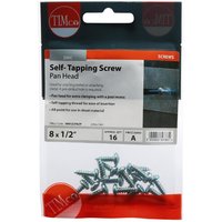 Timco 00812CPAZP self-tapping screws, zinc-plated, pan head, size 8 x 1/2, in a clear plastic TIMpac package.
