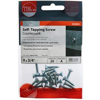 TIMCO zinc self-tapping screws, Pz countersunk, size 8x3/4, in a clear plastic pack of 20 with red and blue branding.