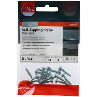 Timco self-tapping screws, zinc-coated, Pz pan head, size 8 x 3/4, in clear packaging with red and white branding.