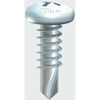 Silver TIMCO self-drilling screw with pan head, zinc finish, and sharp tip for metal construction.