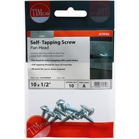 TIMCO zinc self-tapping screws, pan head, size 10 x 1/2 inch, in clear plastic packaging with red and white label.