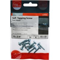 Timco self-tapping screws, zinc-plated, pan head, size 10 x 3/4, in a clear plastic TIMpac packaging.