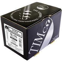 Black box of TIMCO hex self-drilling screws, zinc finish, labeled 10 x 3/4", with product details on the side.