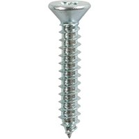 Silver zinc-plated self-tapping screw with countersunk head and sharp tip, size 8 x 1 1/2 inches.