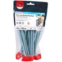 TIMCO zinc carriage bolts and hex nuts, M8 x 130mm, in a clear TIMbag with red bottom and product label.