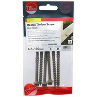 Green hex head timber screws, 6.7 x 100mm, in clear TIMpac packaging with red and white label by TIMCO.
