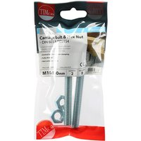 TIMCO zinc carriage bolts and hex nuts in a clear plastic bag, M10 x 100 size, with red and white labeling.
