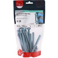 Timco set screws and hex nuts in clear bag, zinc finish, M10 x 100mm, Grade 8.8, with red and white branding.
